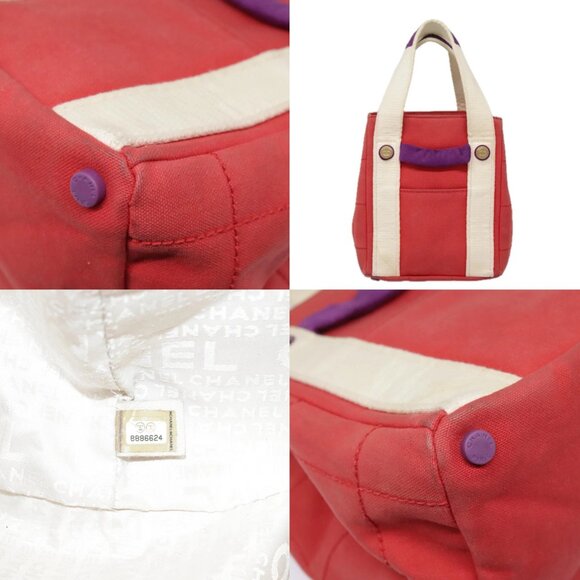 CHANEL Choco Bar Tote Bag Canvas Red Gold CC Auth bs18523 - Picture 14 of 14